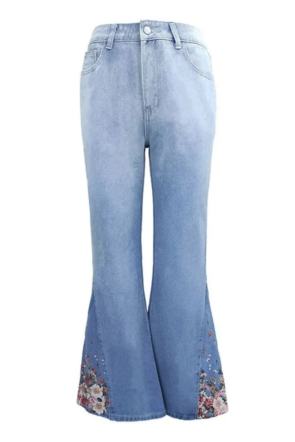 Denim Wide Leg Floral Printed Jeans