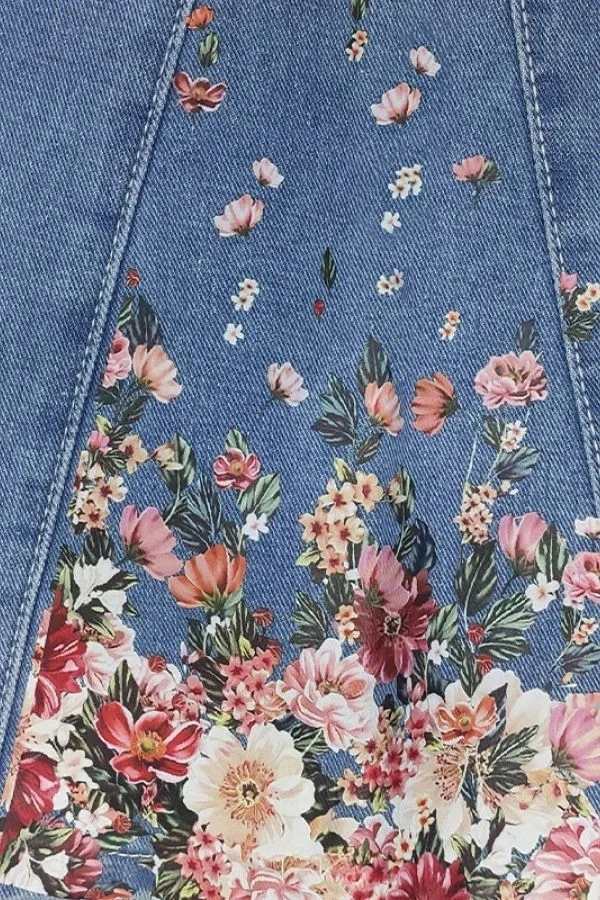 Denim Wide Leg Floral Printed Jeans