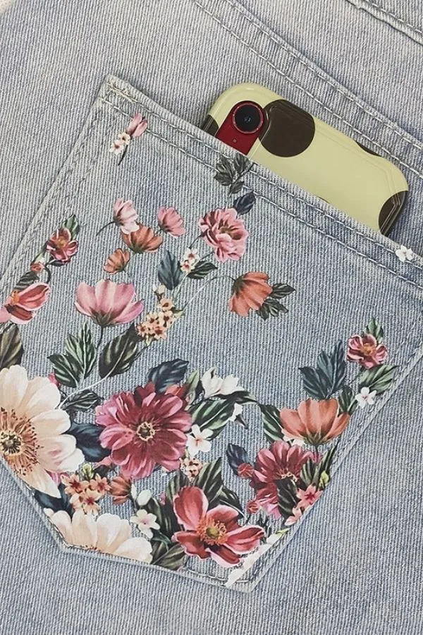 Denim Wide Leg Floral Printed Jeans
