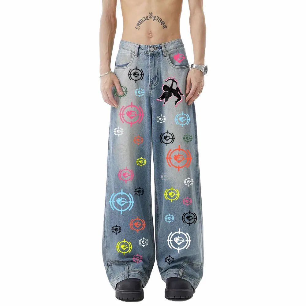 DF Full Puff Print Retro loose straight Jeans