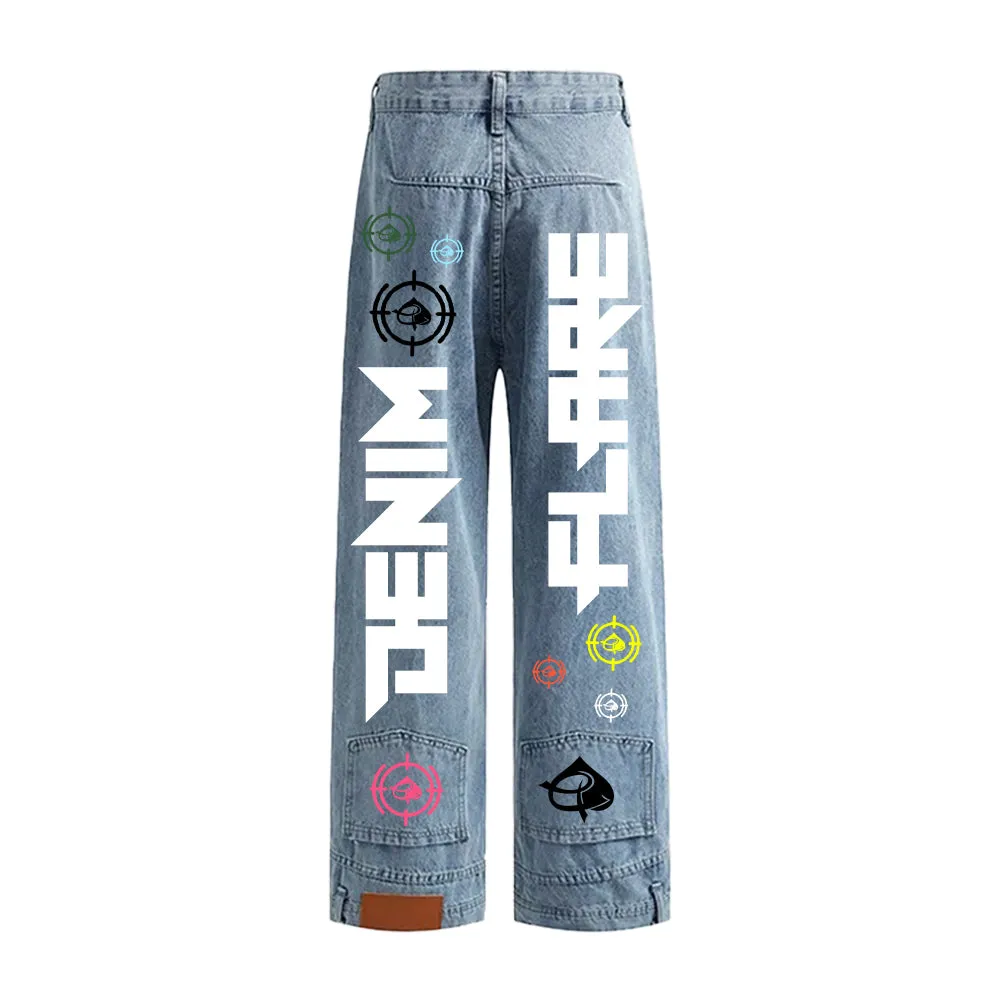 DF Full Puff Print Retro loose straight Jeans