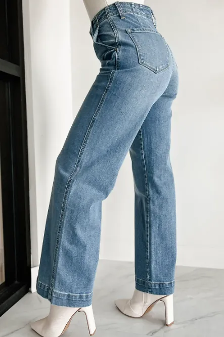 Dusk Blue Multi Buttons Medium Wash Straight Loose Leg Jeans