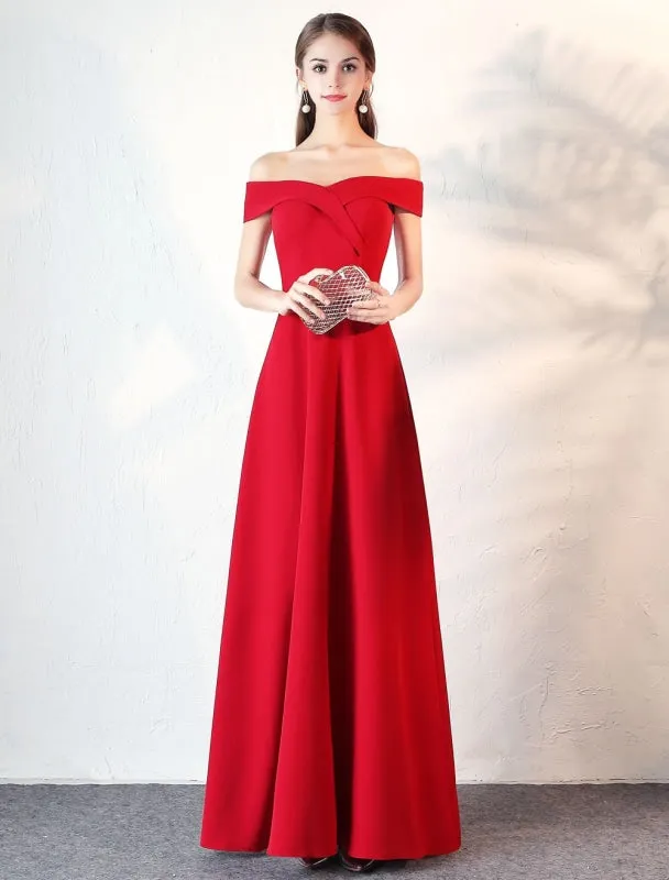 Evening Dresses Burgundy Off The Shoulder Prom Dress Satin Floor Length Formal Party Dress Wedding Guest Dress