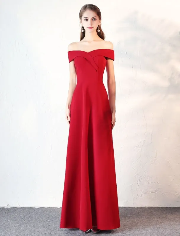 Evening Dresses Burgundy Off The Shoulder Prom Dress Satin Floor Length Formal Party Dress Wedding Guest Dress