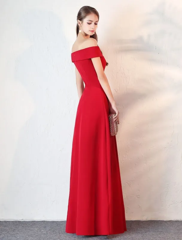 Evening Dresses Burgundy Off The Shoulder Prom Dress Satin Floor Length Formal Party Dress Wedding Guest Dress