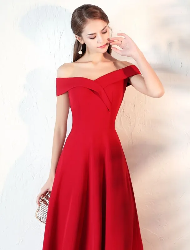 Evening Dresses Burgundy Off The Shoulder Prom Dress Satin Floor Length Formal Party Dress Wedding Guest Dress