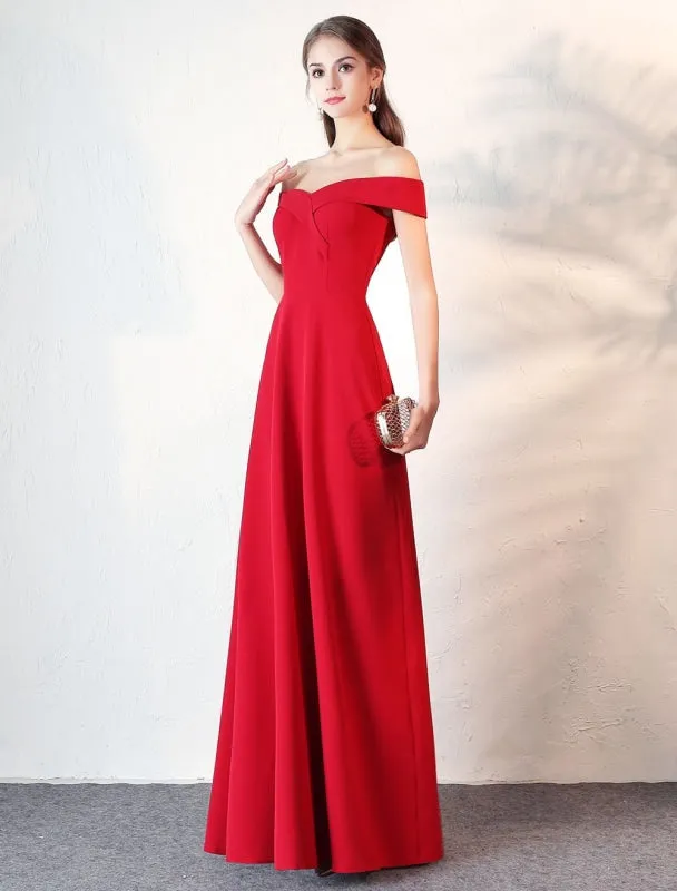 Evening Dresses Burgundy Off The Shoulder Prom Dress Satin Floor Length Formal Party Dress Wedding Guest Dress