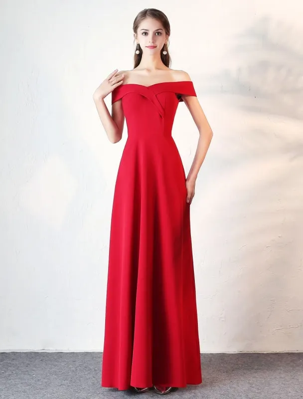 Evening Dresses Burgundy Off The Shoulder Prom Dress Satin Floor Length Formal Party Dress Wedding Guest Dress