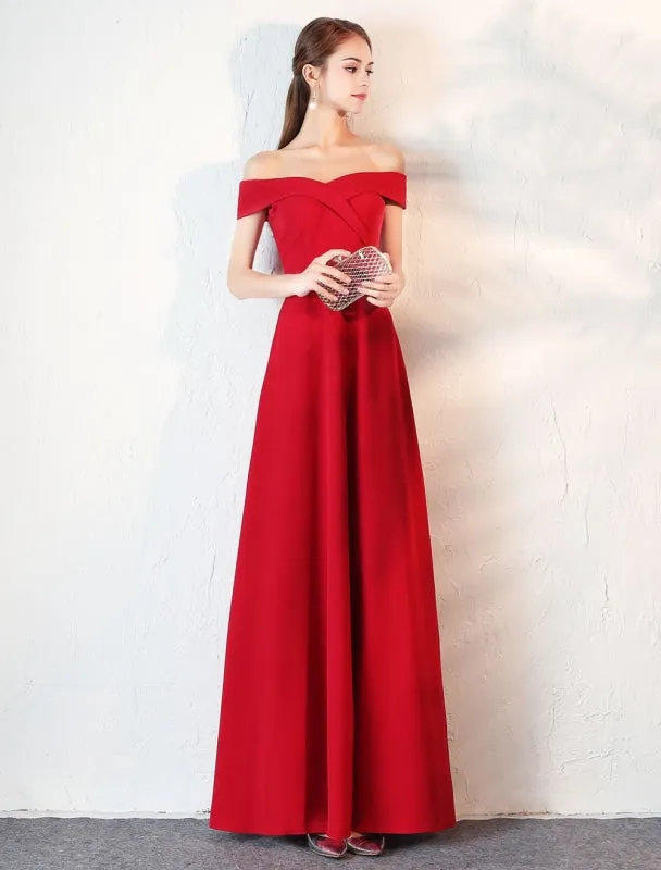Evening Dresses Burgundy Off The Shoulder Prom Dress Satin Floor Length Formal Party Dress Wedding Guest Dress