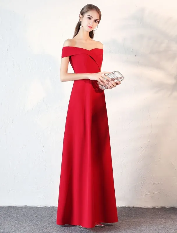 Evening Dresses Burgundy Off The Shoulder Prom Dress Satin Floor Length Formal Party Dress Wedding Guest Dress