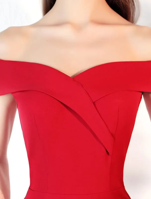Evening Dresses Burgundy Off The Shoulder Prom Dress Satin Floor Length Formal Party Dress Wedding Guest Dress