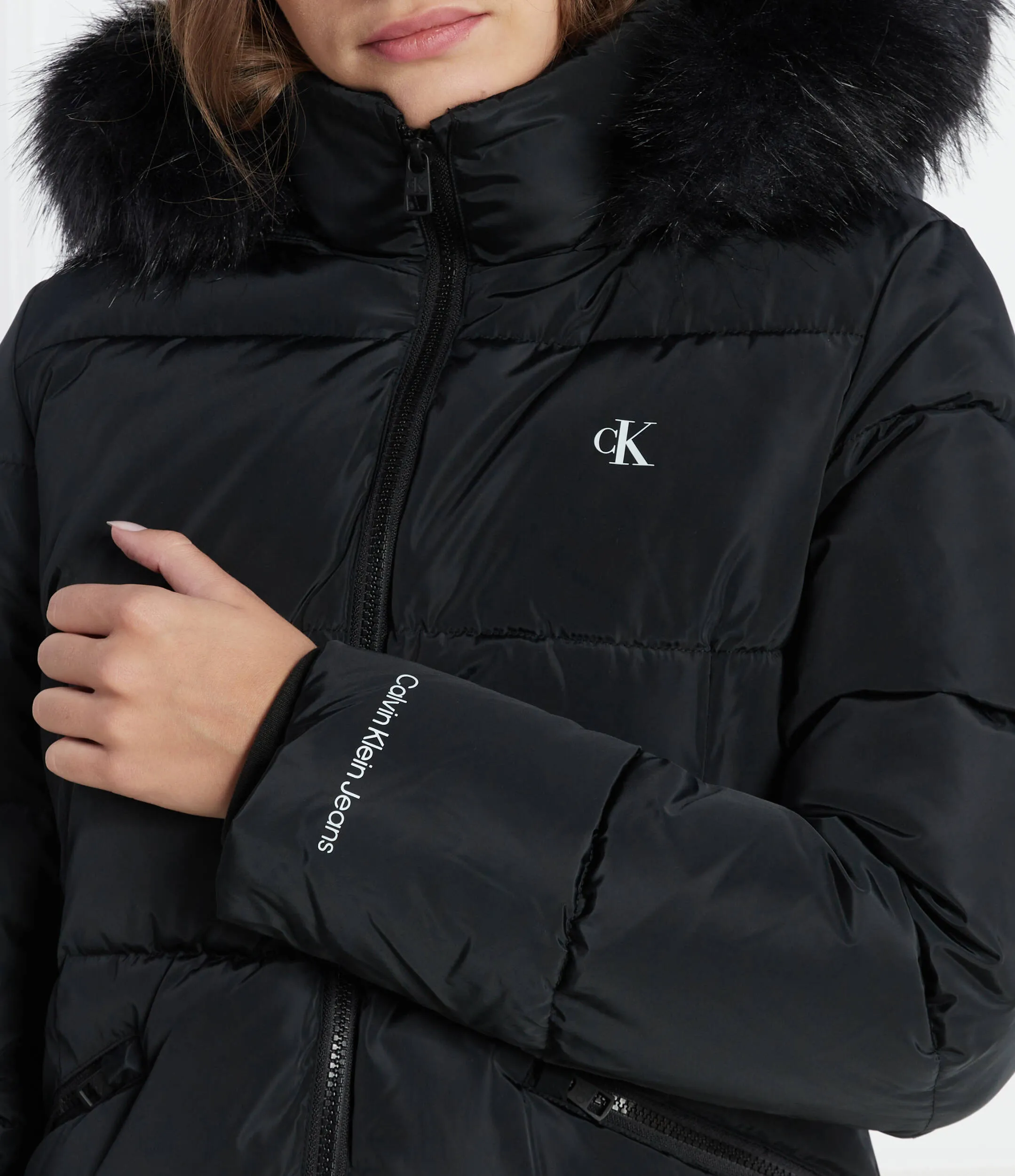 Faux Fur Hooded Fitted Long Jkt