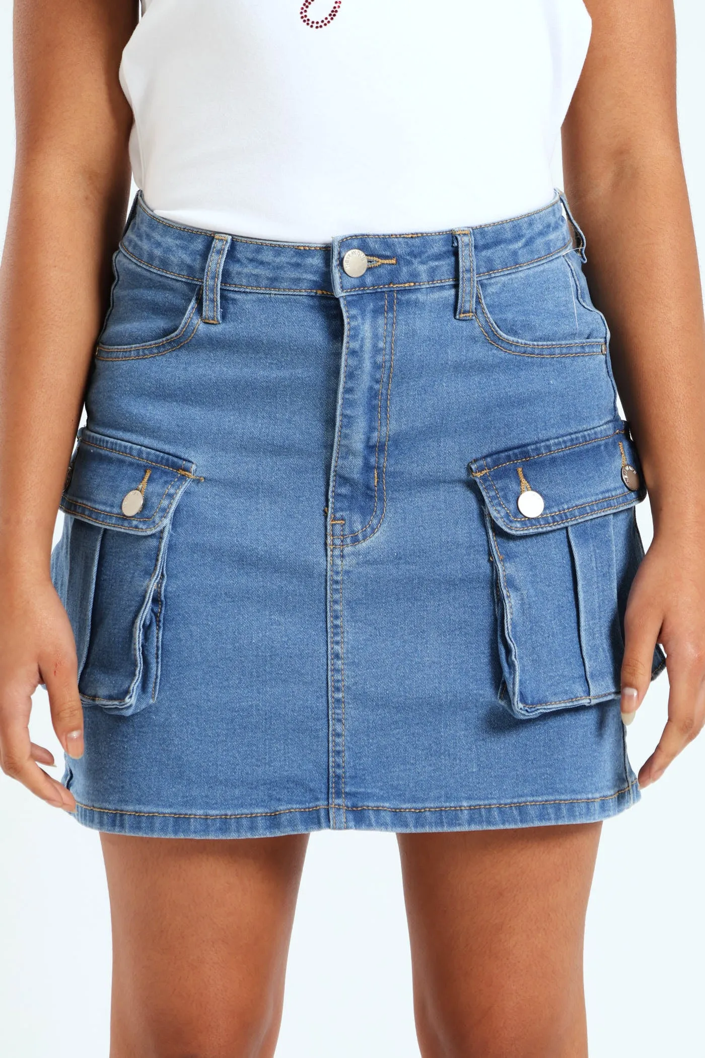 Girls Denim Stretch Cargo Skirt - Mid Blue