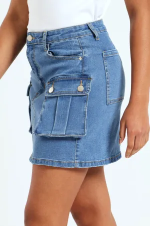 Girls Denim Stretch Cargo Skirt - Mid Blue