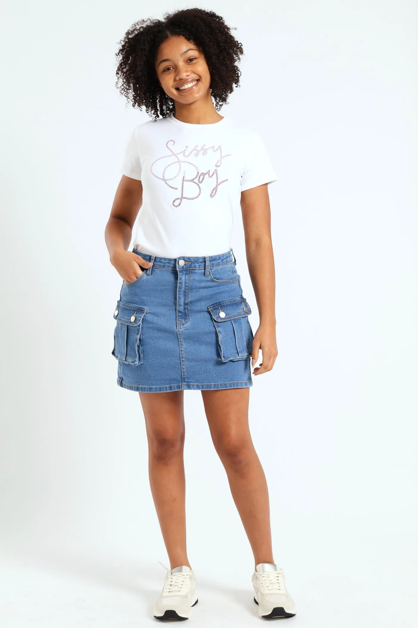 Girls Denim Stretch Cargo Skirt - Mid Blue