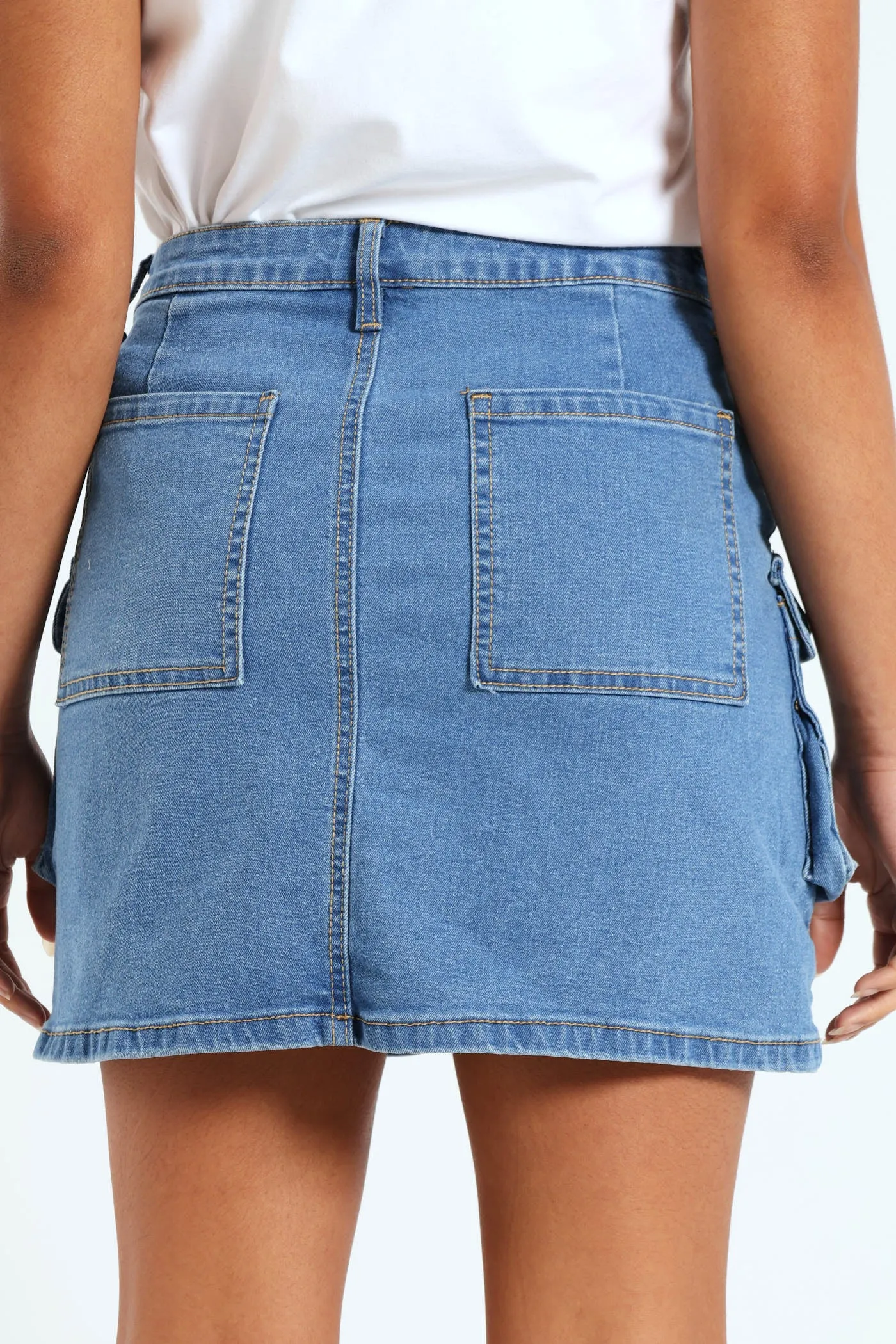 Girls Denim Stretch Cargo Skirt - Mid Blue