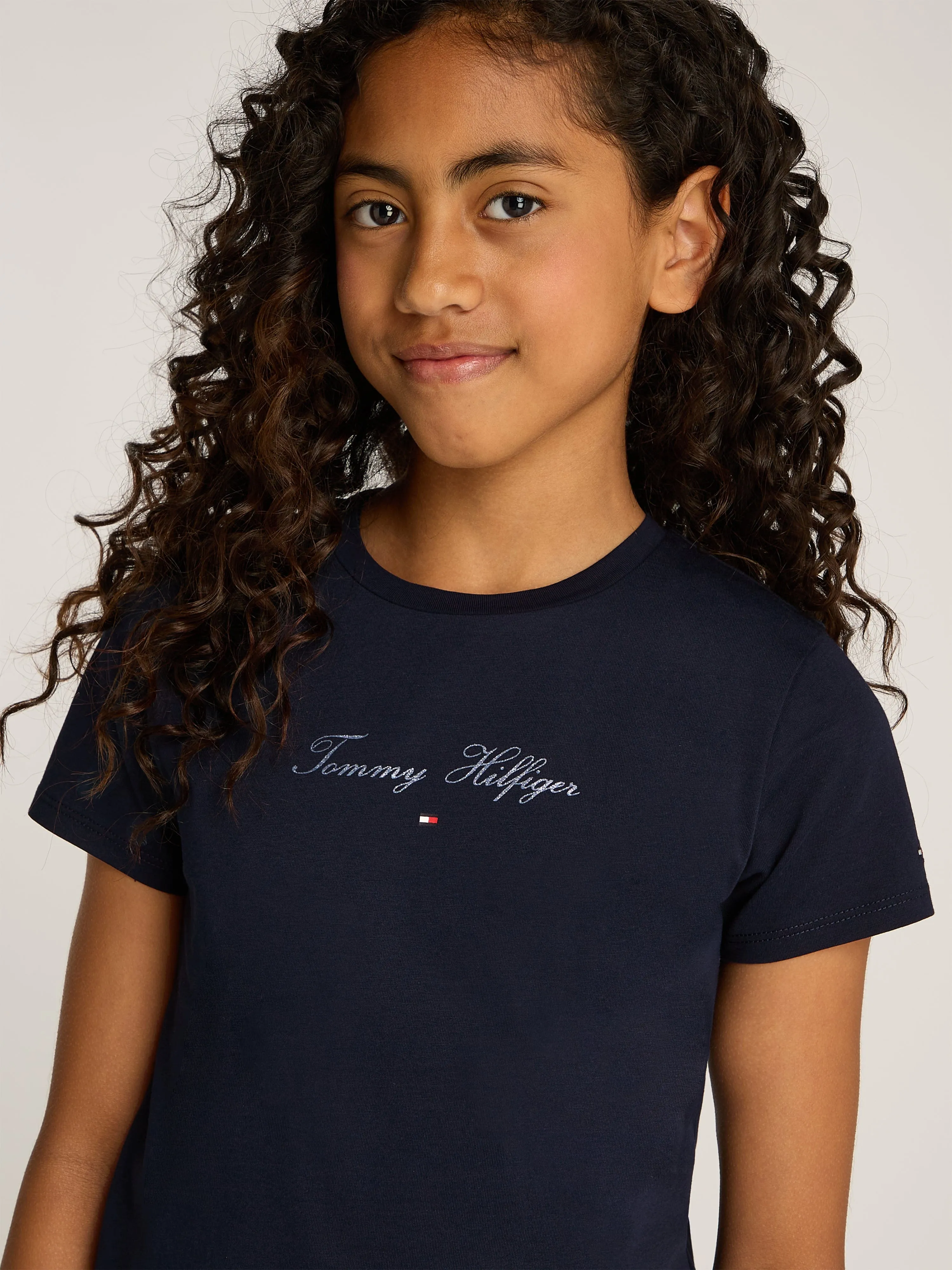 Girls Script Logo Slim T-Shirt in Navy