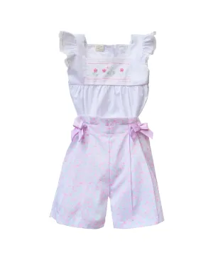 Girls White & Pink Floral Short Set