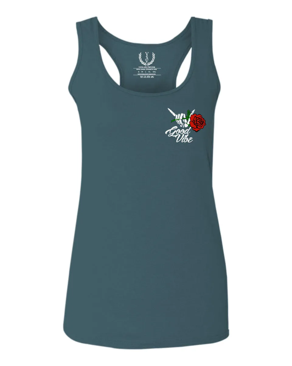 Good Vibe Flowers Bones Hand Shaka Cool Vintage Hipster  women's Tank Top sleeveless Racerback