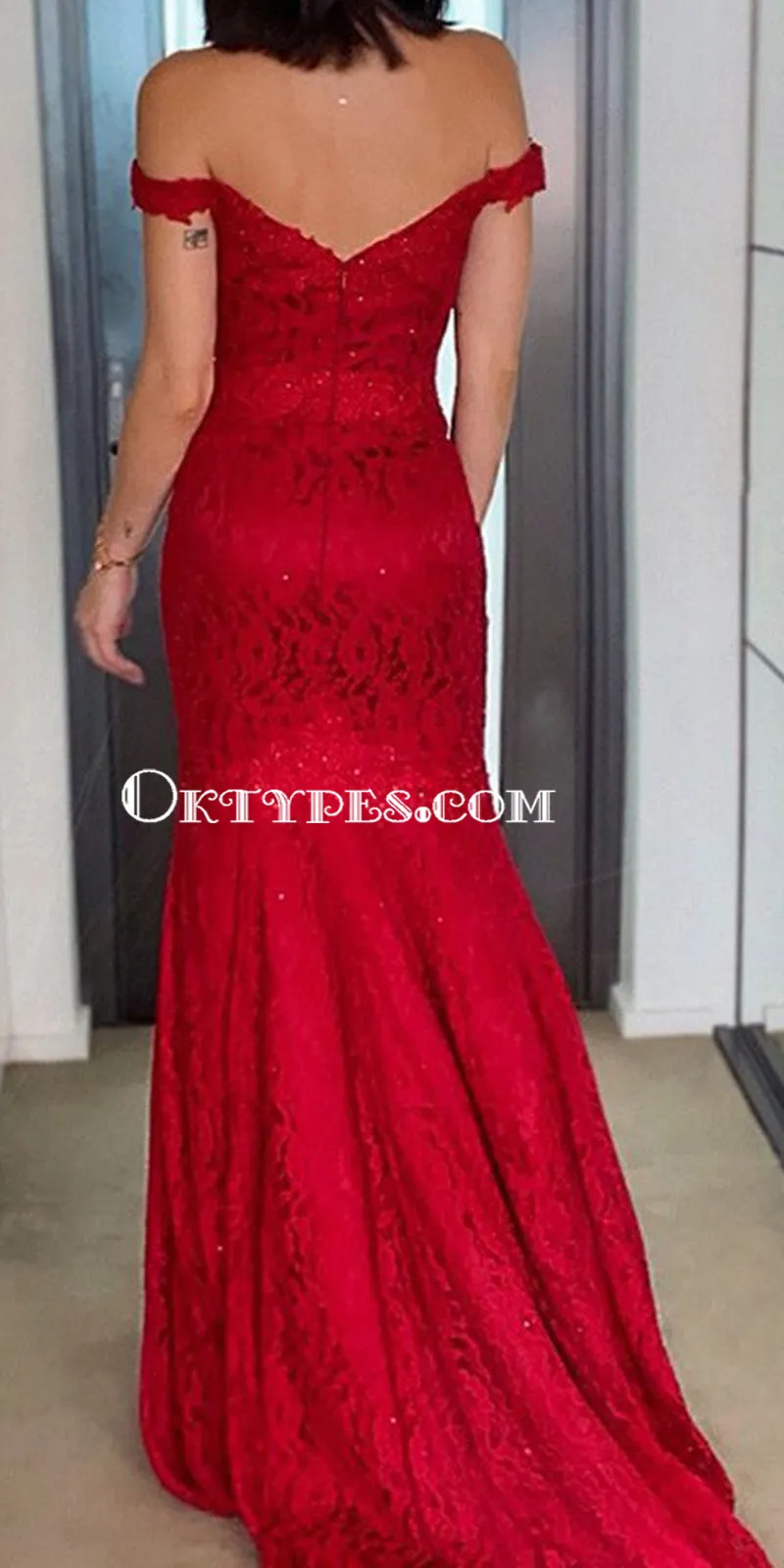 Gorgeous Red Off Shoulder Lace Mermaid Cheap Long Prom Dresses, PDS0154