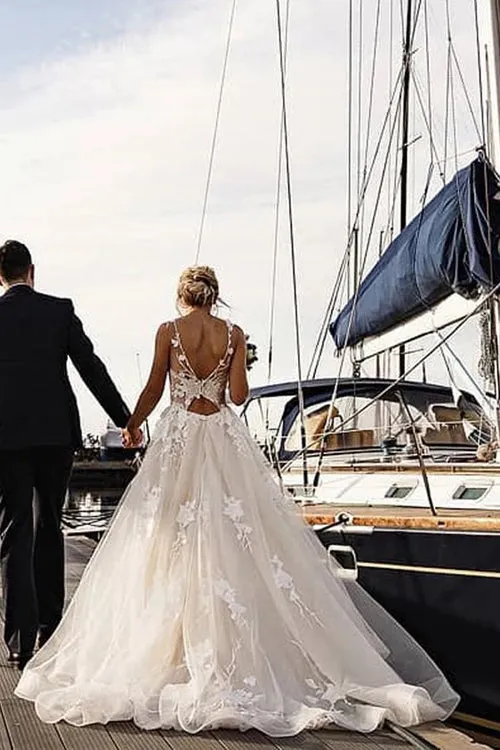 Gorgeous Tulle A-line Backless Boho Floral Appliques Beach Wedding Dresses, SW296