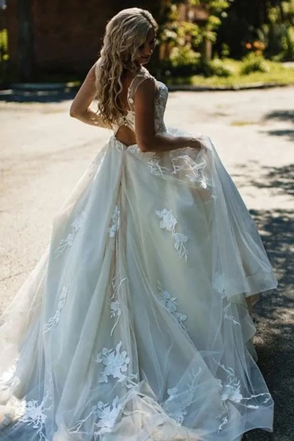 Gorgeous Tulle A-line Backless Boho Floral Appliques Beach Wedding Dresses, SW296