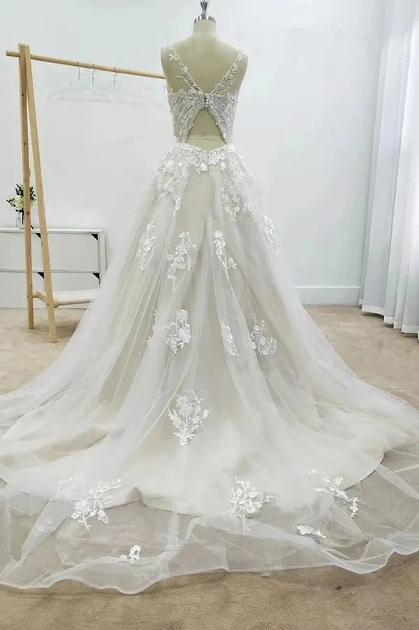 Gorgeous Tulle A-line Backless Boho Floral Appliques Beach Wedding Dresses, SW296