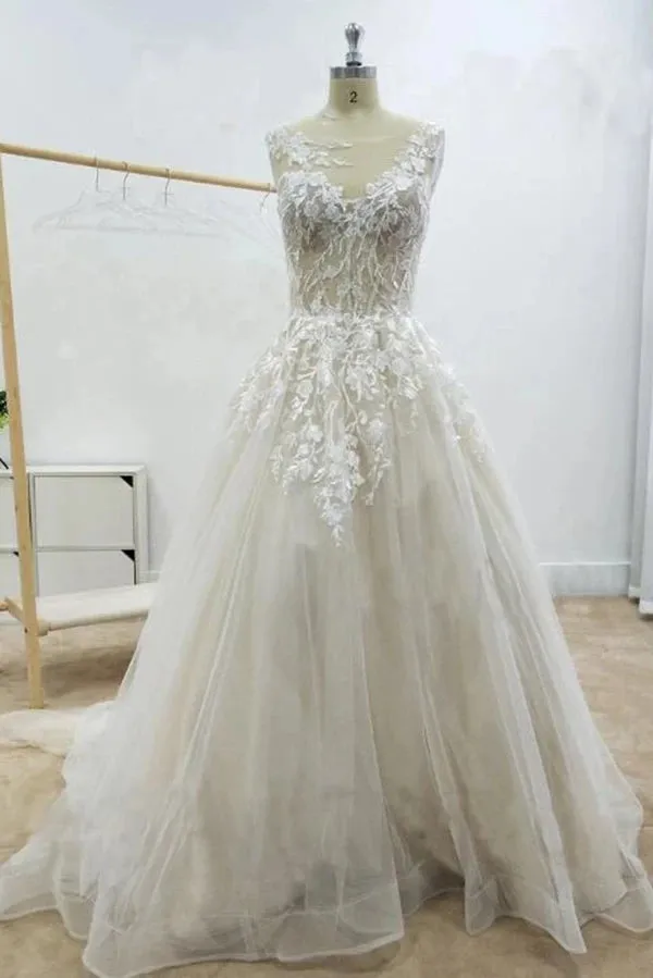 Gorgeous Tulle A-line Backless Boho Floral Appliques Beach Wedding Dresses, SW296