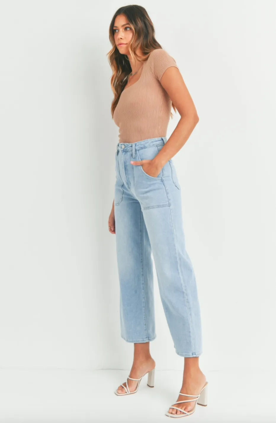 High Rise Cargo Pocket Jeans -- Light