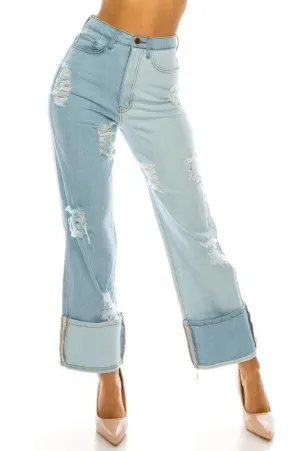 HIGH RISE TWO TONED PANEL LOOSE LEGGED JEANS