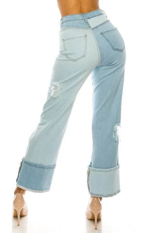 HIGH RISE TWO TONED PANEL LOOSE LEGGED JEANS