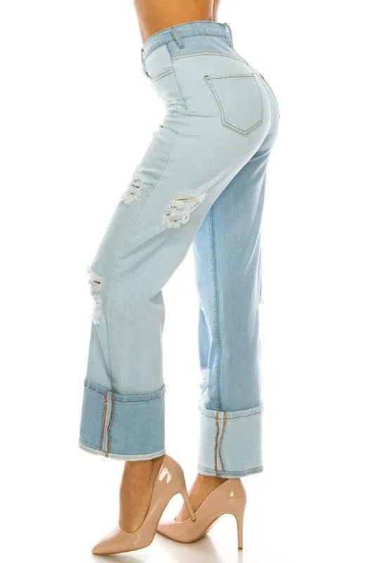 HIGH RISE TWO TONED PANEL LOOSE LEGGED JEANS