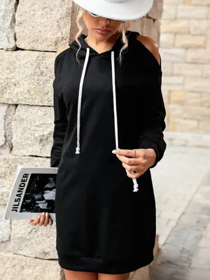 Hooded Sweater Dress with Off-Shoulder Long Sleeves