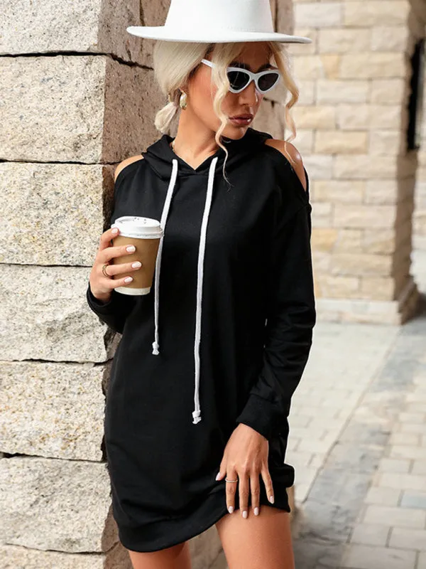 Hooded Sweater Dress with Off-Shoulder Long Sleeves