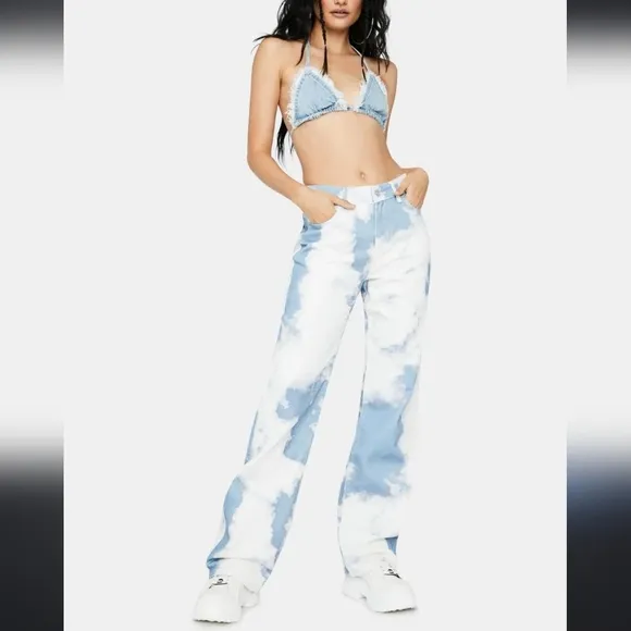 JADED London Cloud Print Boyfriend Fit Baggy Loose High Waist Denim Jeans Siz 26