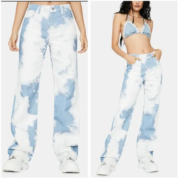 JADED London Cloud Print Boyfriend Fit Baggy Loose High Waist Denim Jeans Siz 26