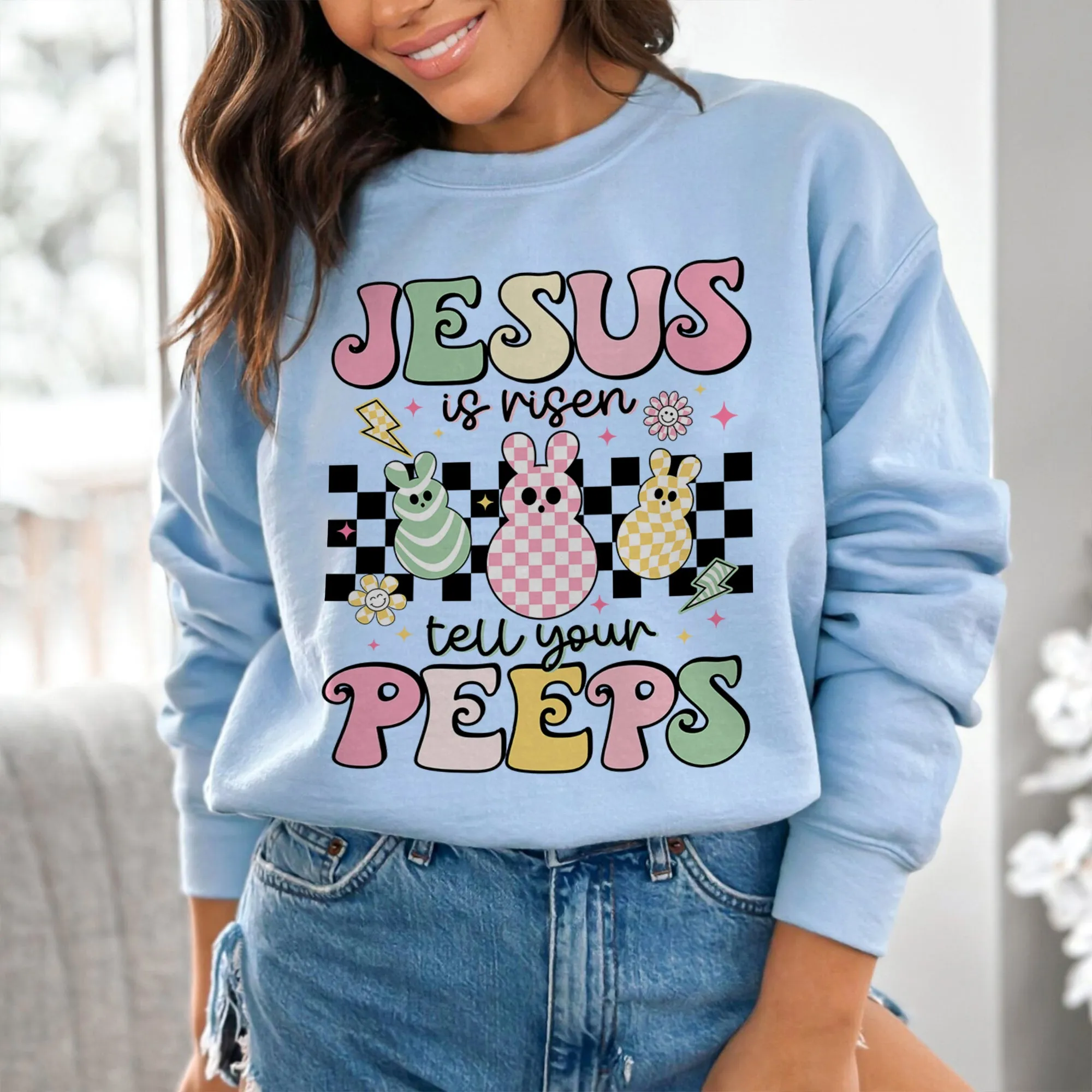 Jesus Is Risen Tell Your Peeps Sweatshirt, Easter Christian Kids Shirt, Jesus Easter Crewneck, He is Risen Shirt, Religious Easter Shirt