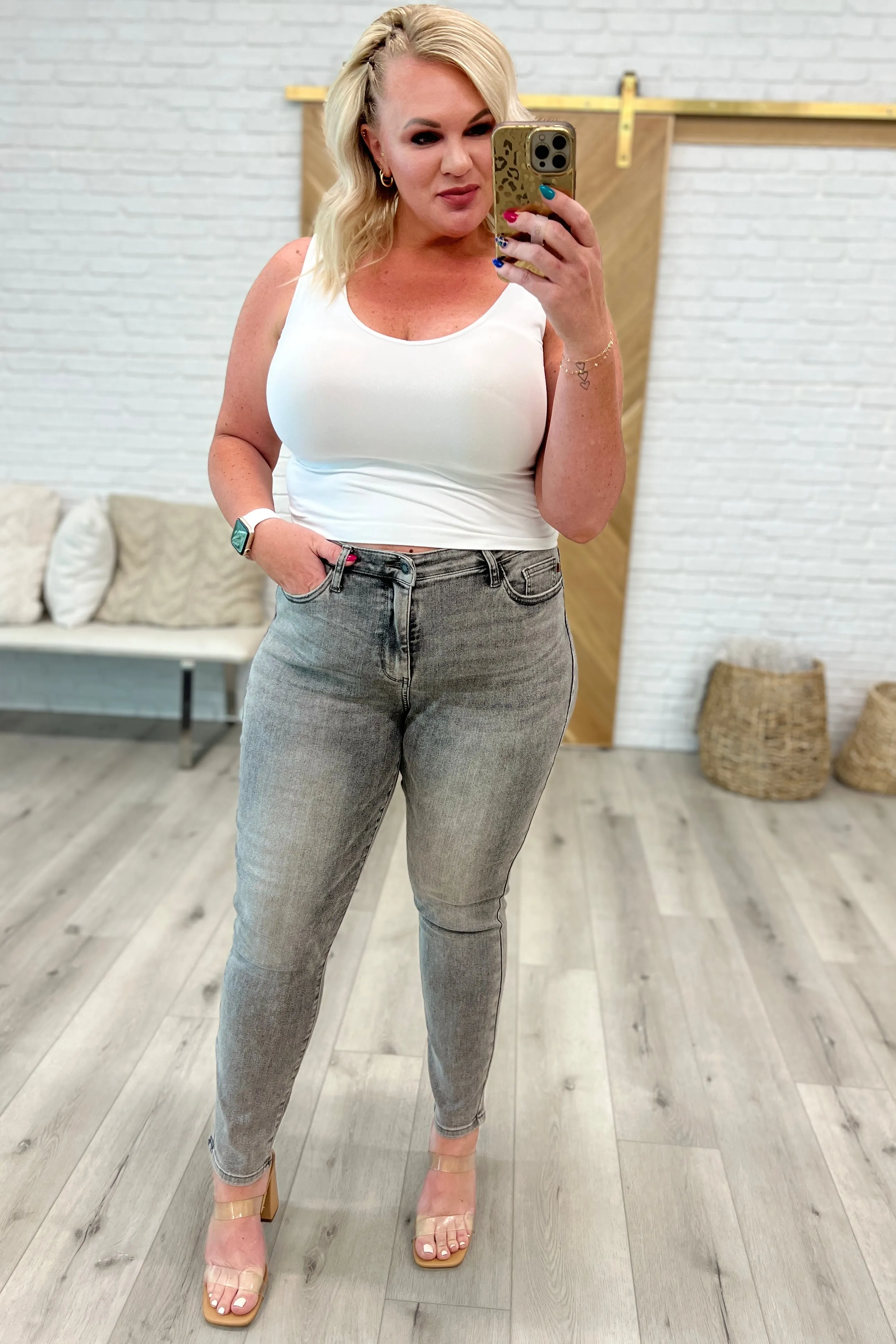 JUDY BLUE Charlotte High Rise Stone Wash Slim Jeans in Gray