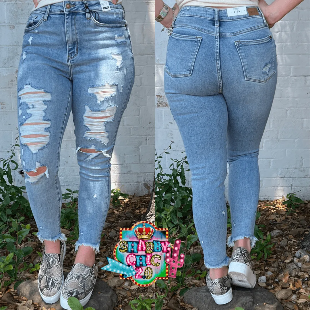 Judy Blue Light Denim Destroyed Shark Hem Jeans