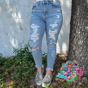 Judy Blue Light Denim Destroyed Shark Hem Jeans