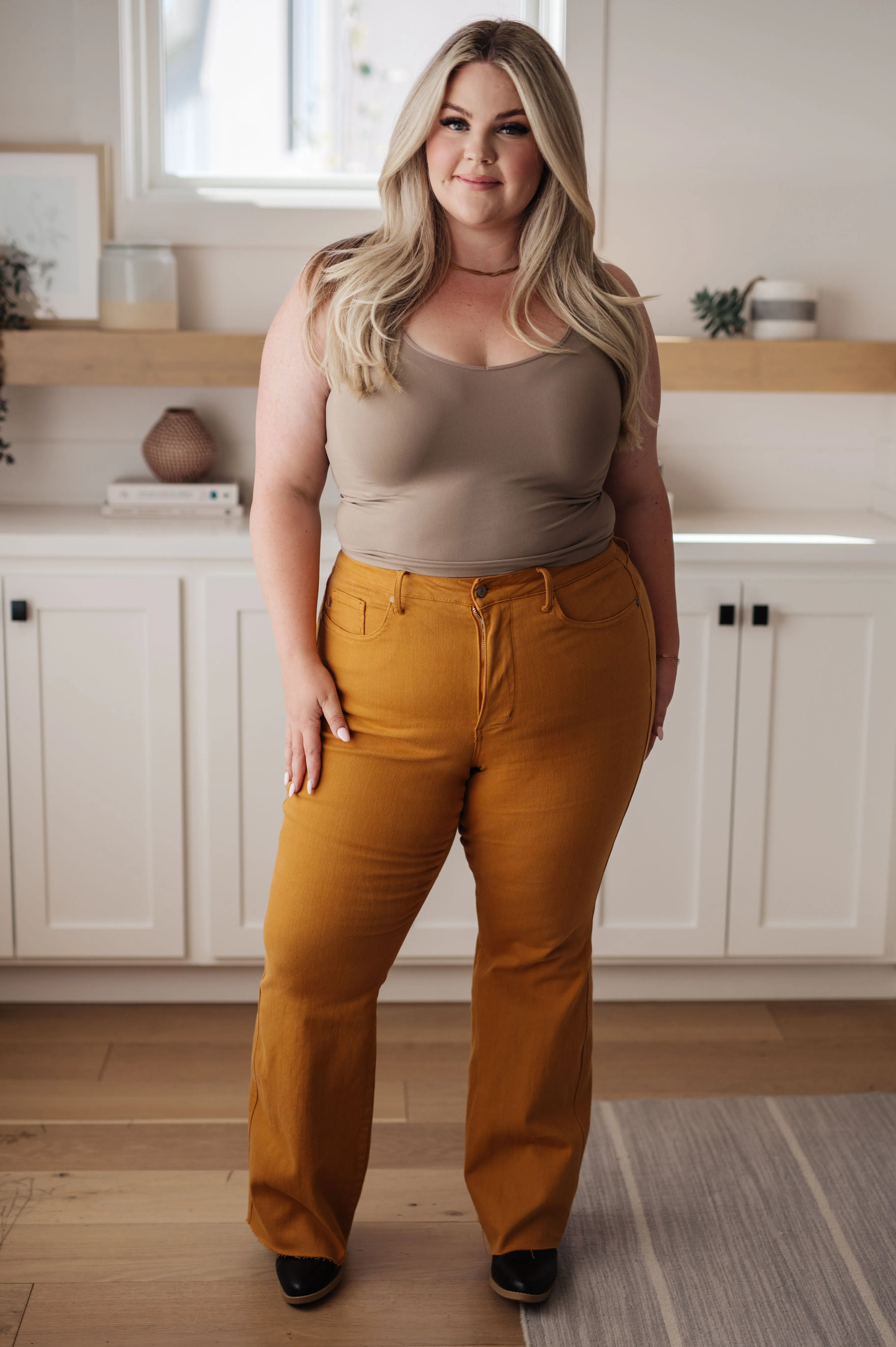 JUDY BLUE Melinda High Rise Control Top Flare Jeans in Marigold