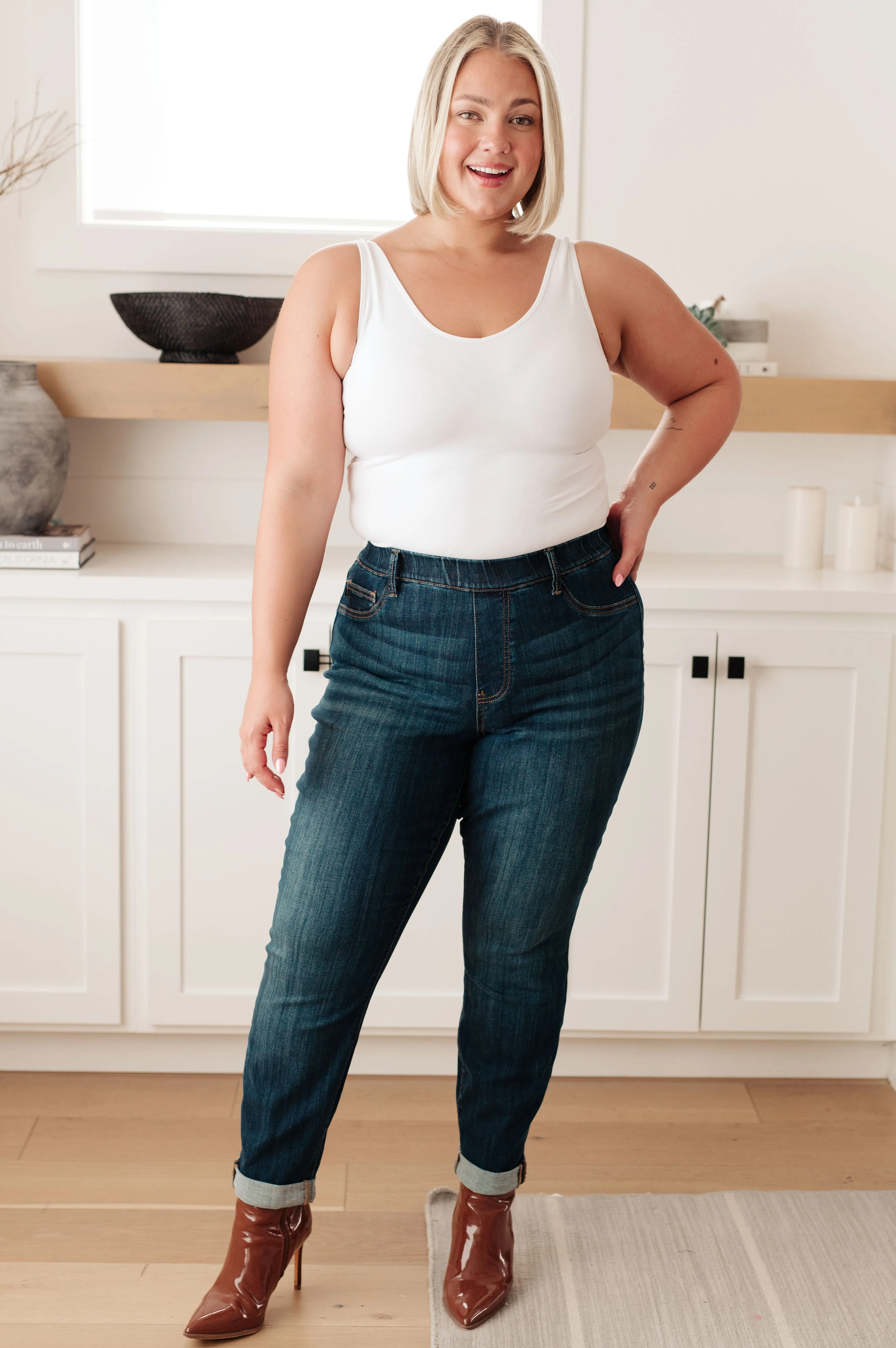 JUDY BLUE Rowena High Rise Pull On Double Cuff Slim Jeans