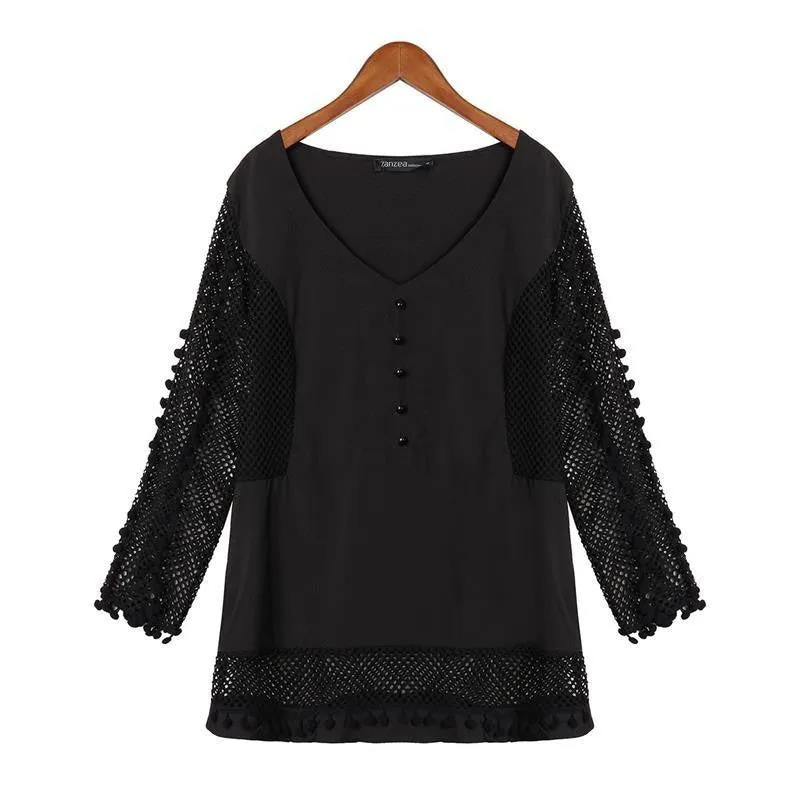 Lace Chiffon Blouse Women V-neck 3/4 Sleeve Hollow Out White Shirts Casual Loose Tops Plus Size S-3XL