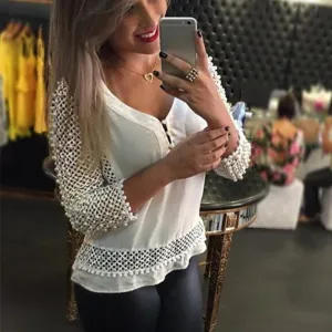 Lace Chiffon Blouse Women V-neck 3/4 Sleeve Hollow Out White Shirts Casual Loose Tops Plus Size S-3XL