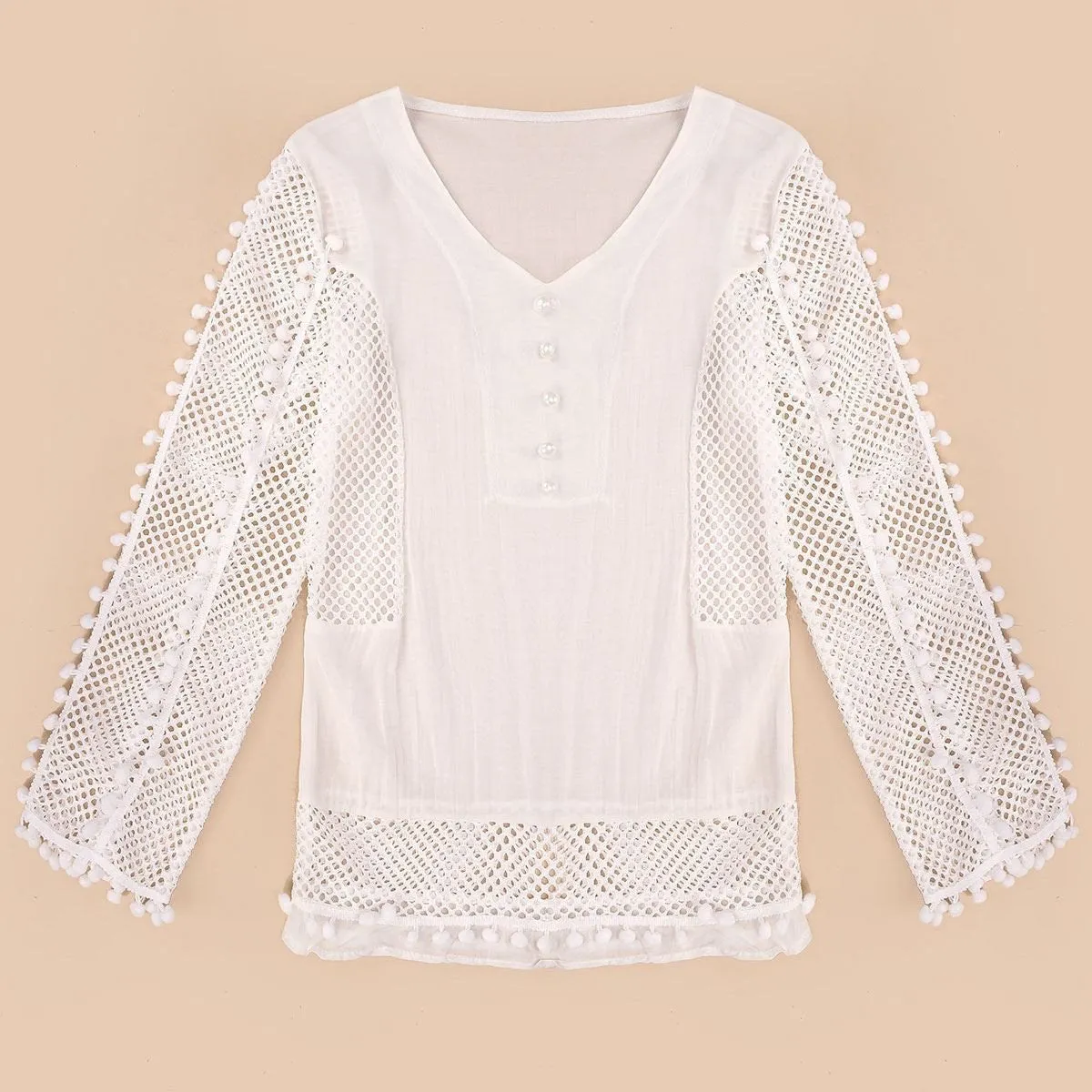 Lace Chiffon Blouse Women V-neck 3/4 Sleeve Hollow Out White Shirts Casual Loose Tops Plus Size S-3XL