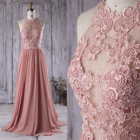 Lace Top See Through Dusty Rose Long A-line Chiffon Prom Bridesmaid Dresses, BG0239