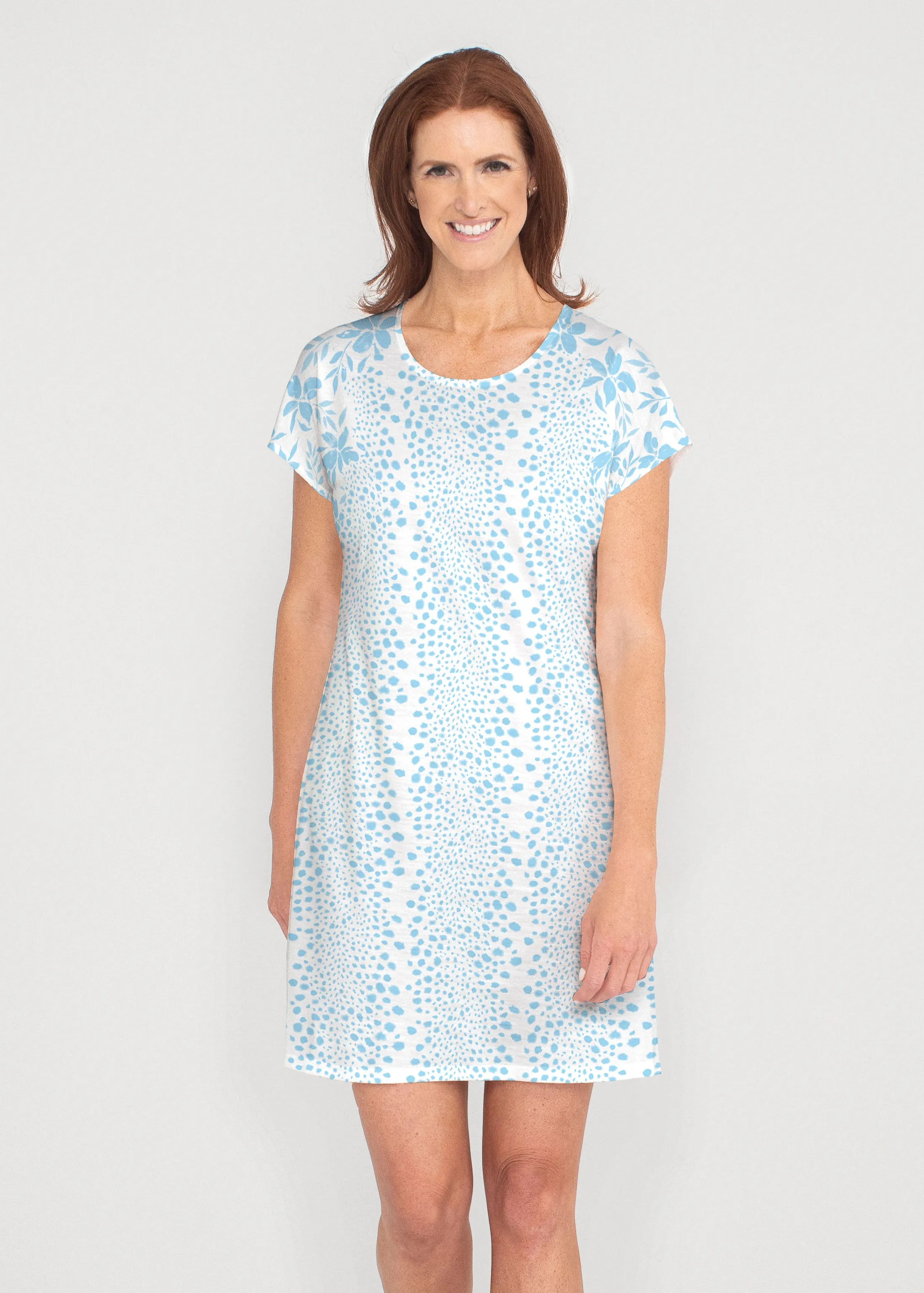 Leopard Rose Aqua (8028) ~ French Terry Short Sleeve Crew Dress
