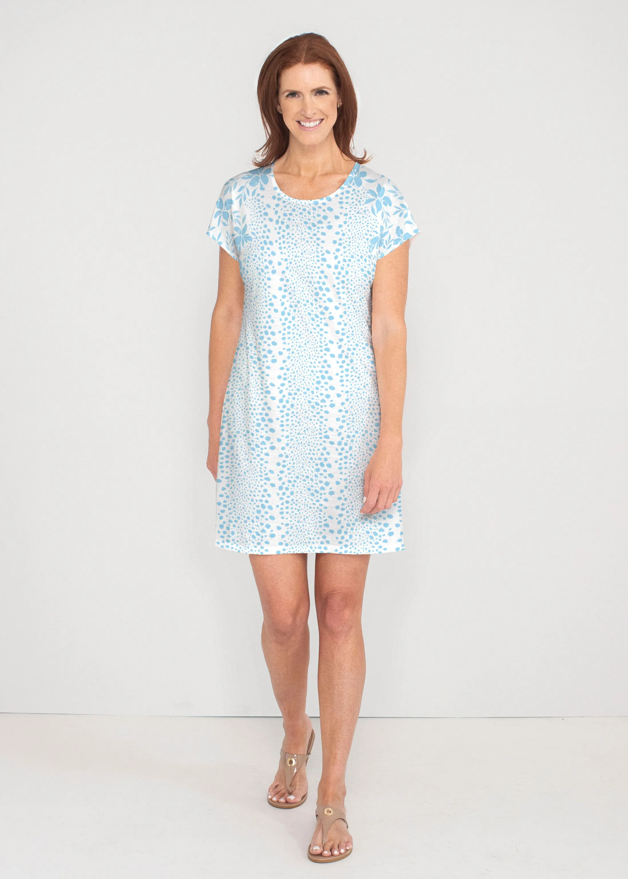 Leopard Rose Aqua (8028) ~ French Terry Short Sleeve Crew Dress