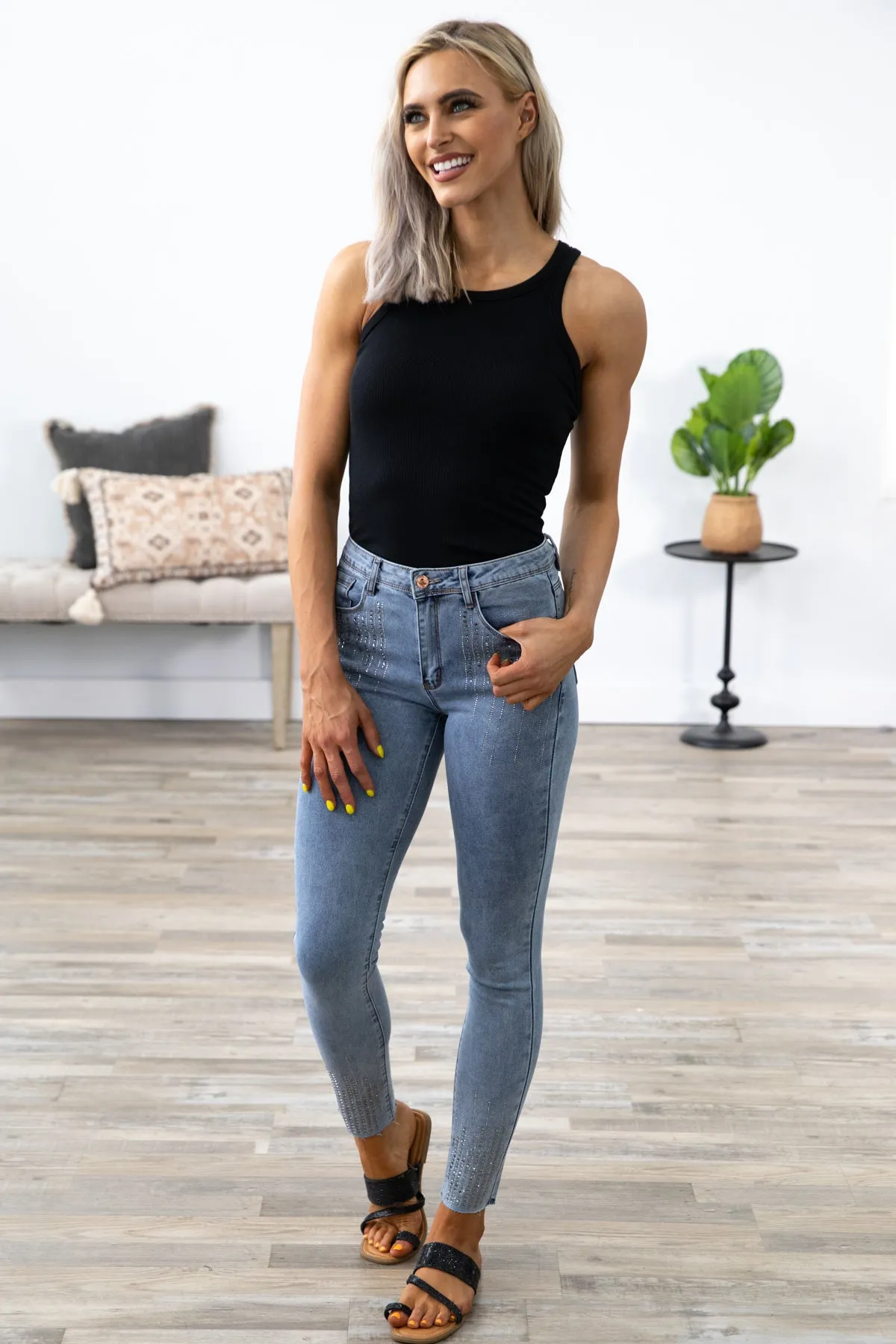 Light Wash Rhinestone Detail Skinny Jeans