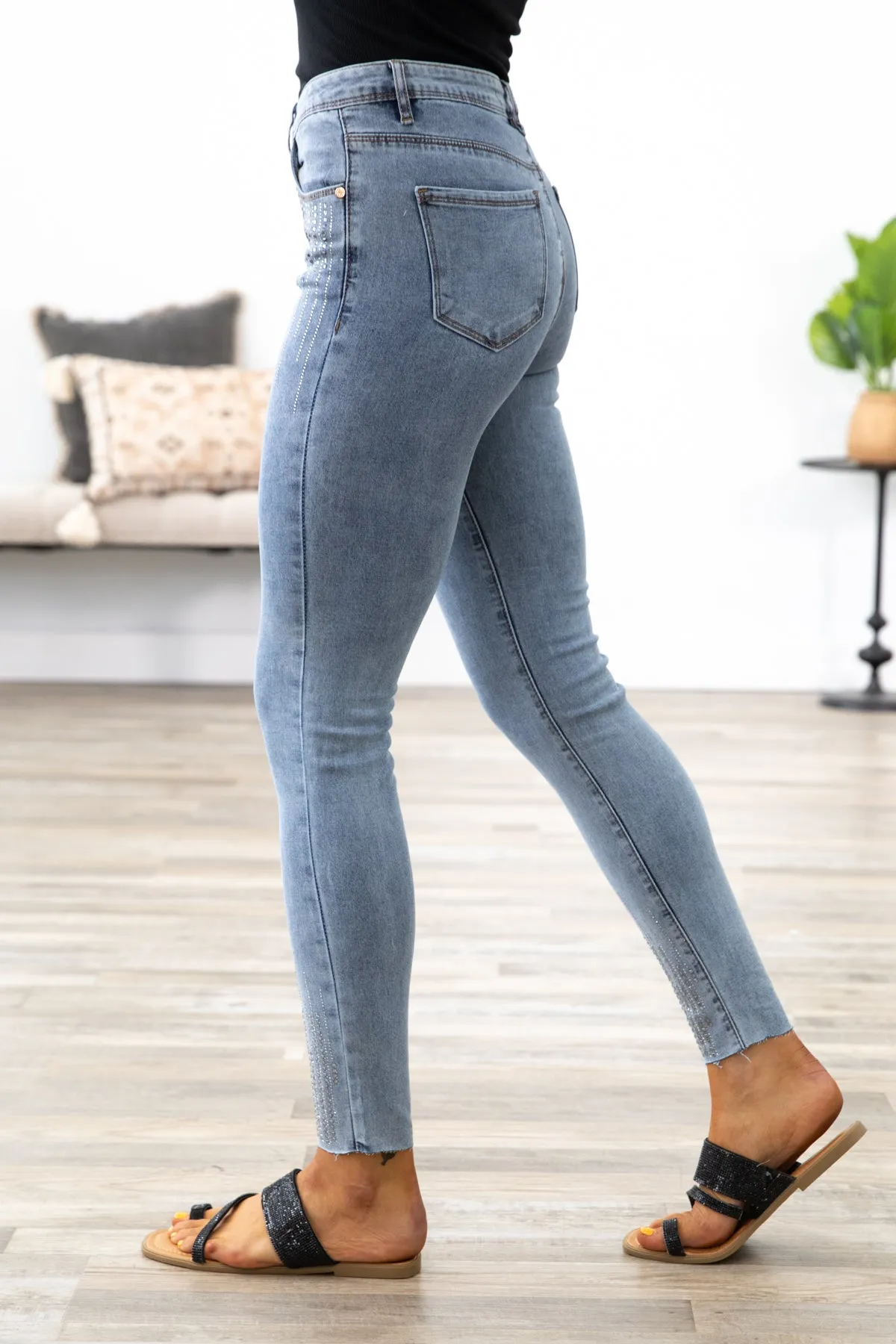 Light Wash Rhinestone Detail Skinny Jeans